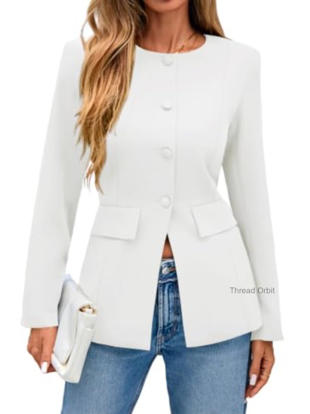 Women's Long Sleeve Button Down Crewneck Blazer Suit Jacket Workwear